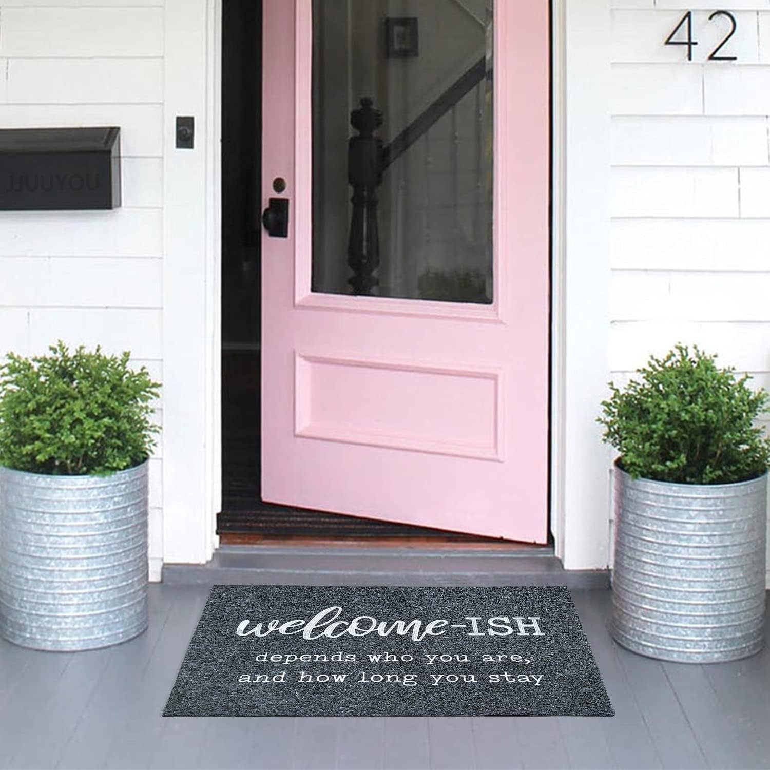 Welcome Mats for Front Door Gray Welcome Ish Depends Who You Are and How Long You Stay Doormat with Non Slip Rubber Doormat for Home Farmhouse Balcony Patio