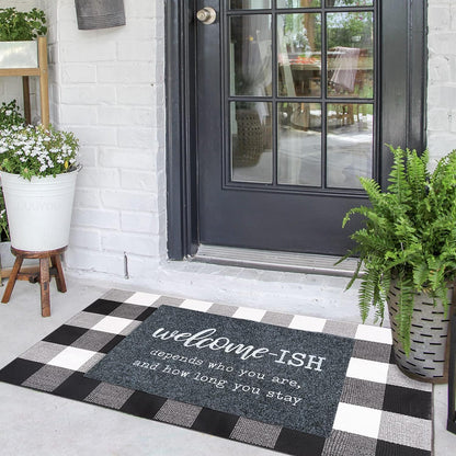 Welcome Mats for Front Door Gray Welcome Ish Depends Who You Are and How Long You Stay Doormat with Non Slip Rubber Doormat for Home Farmhouse Balcony Patio